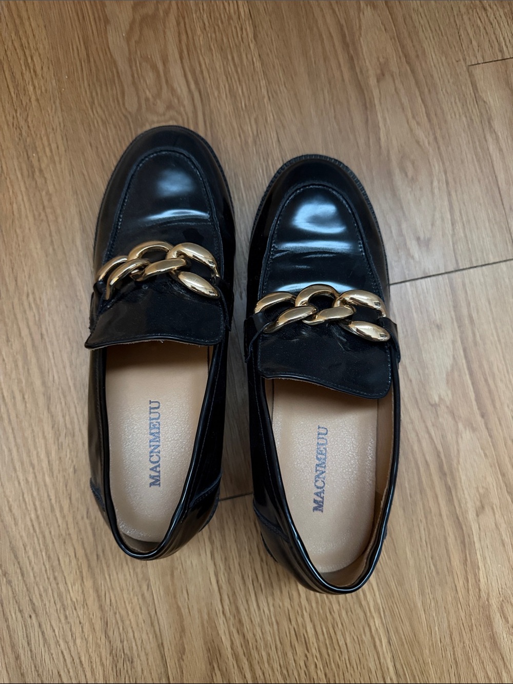 MACKAGE Black Leather Loafers with Gold Chain
